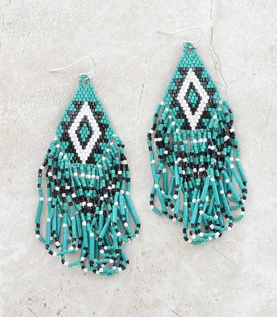 Aztec Beaded Fringe Earrings Turquoise