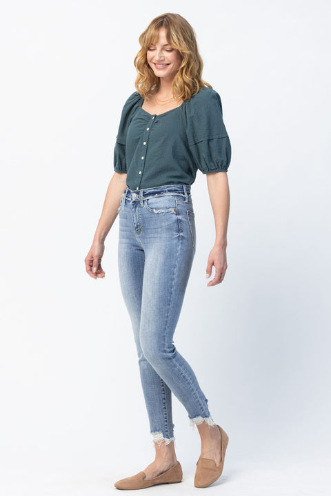 Mid Rise Waistband Detail Skinny Jean 82408