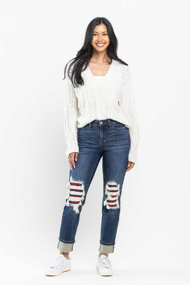 Mid Rise Plaid Patch Boyfriend Jeans 88706