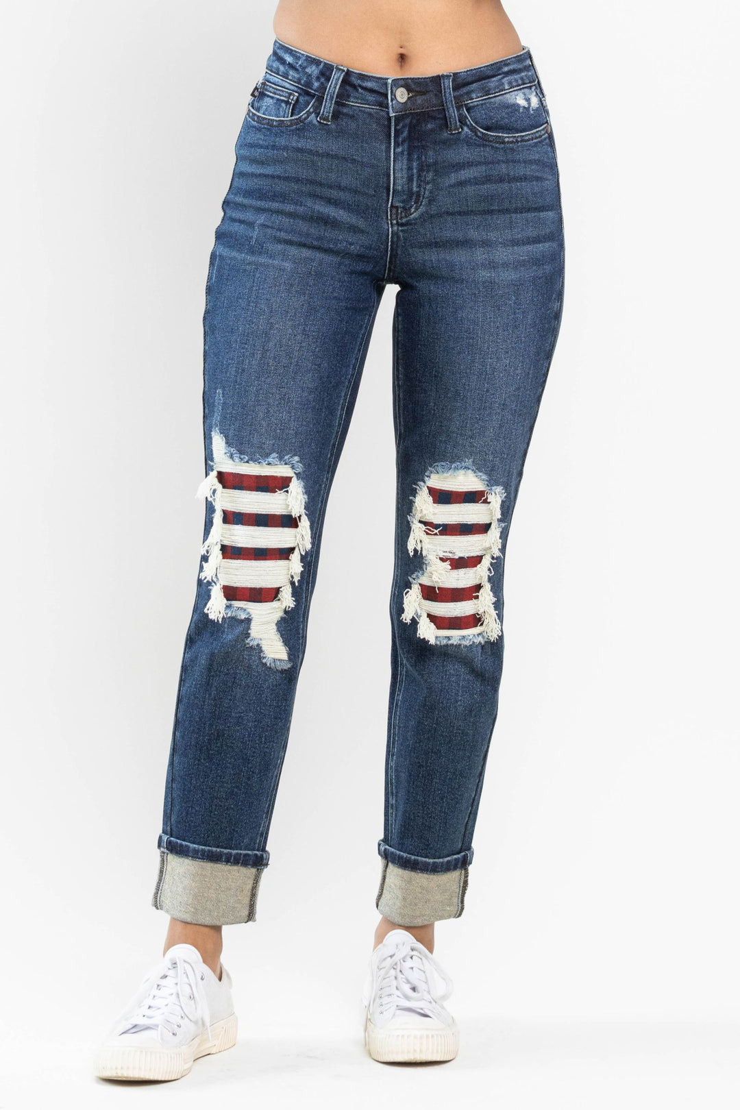 Mid Rise Plaid Patch Boyfriend Jeans 88706