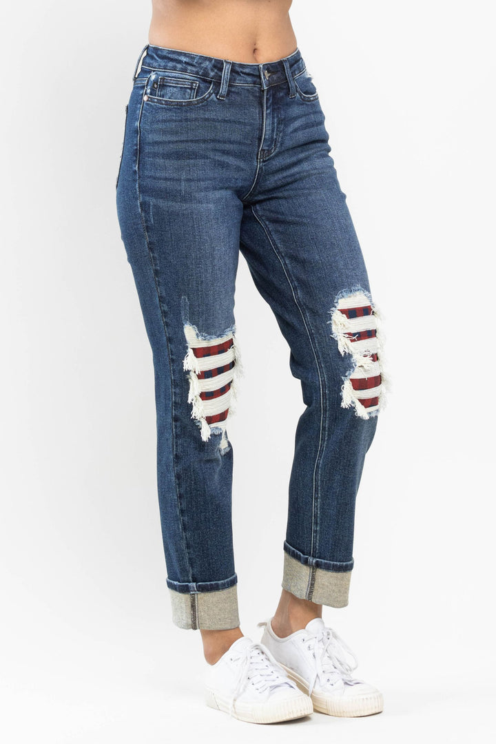 Mid Rise Plaid Patch Boyfriend Jeans 88706