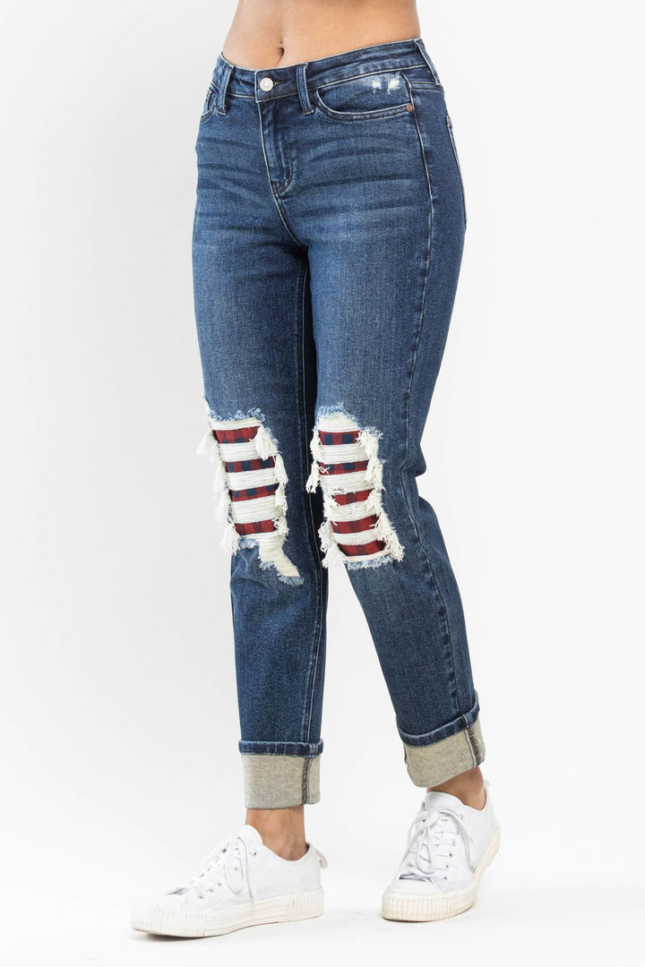 Mid Rise Plaid Patch Boyfriend Jeans 88706