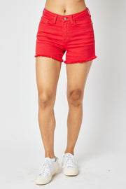Mid Rise Red Frayed Shorts 150242