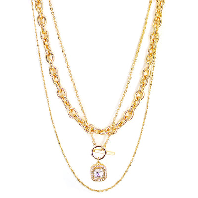 Layered Rhinestone Charm Necklace Gold