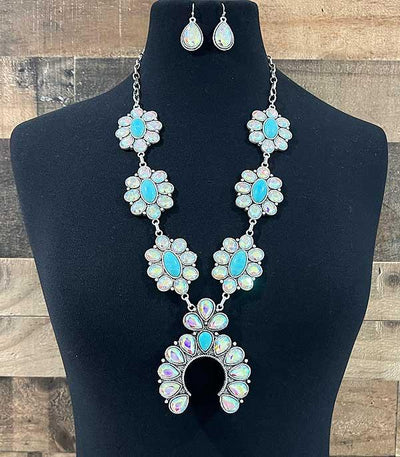 AB Crystal Squash Blossom Necklace Set Turquoise