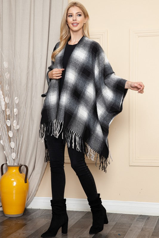 Academia Black Plaid Fringe Kimono