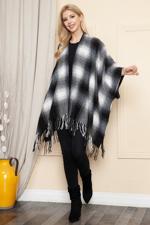 Academia Black Plaid Fringe Kimono 60% OFF