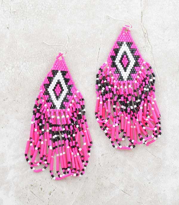 Lexi Aztec Beaded Fringe Earrings Pink