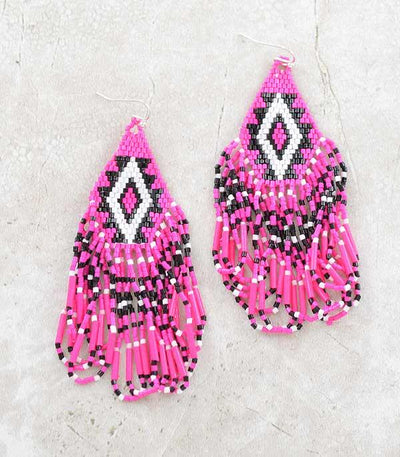 Aztec Beaded Fringe Earrings Pink