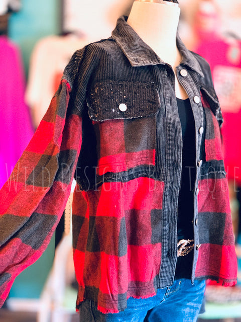 Layla Buffalo Plaid Cord Sequin Acid Wash Shacket