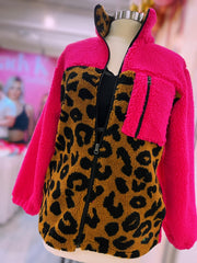 JadyK Leopard Zip Up Sherpa Hot Pink 60% OFF