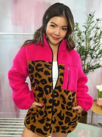 JadyK Leopard Zip Up Sherpa Hot Pink