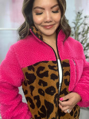 JadyK Leopard Zip Up Sherpa Hot Pink 60% OFF