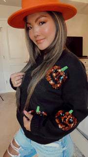 JadyK Sequin Pumpkin Sweater Black 75% OFF