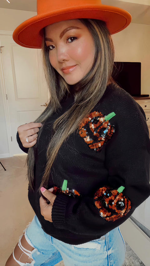 JadyK Sequin Pumpkin Sweater Black
