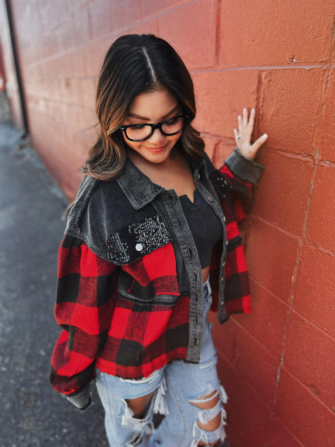 Layla Buffalo Plaid Cord Sequin Acid Wash Shacket