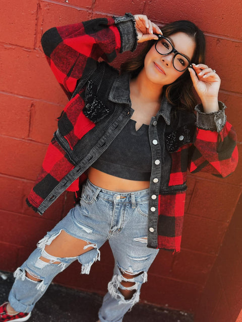 Layla Buffalo Plaid Cord Sequin Acid Wash Shacket