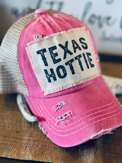 Blingy Texas Hottie Frayed Patch Pink/Beige Hat