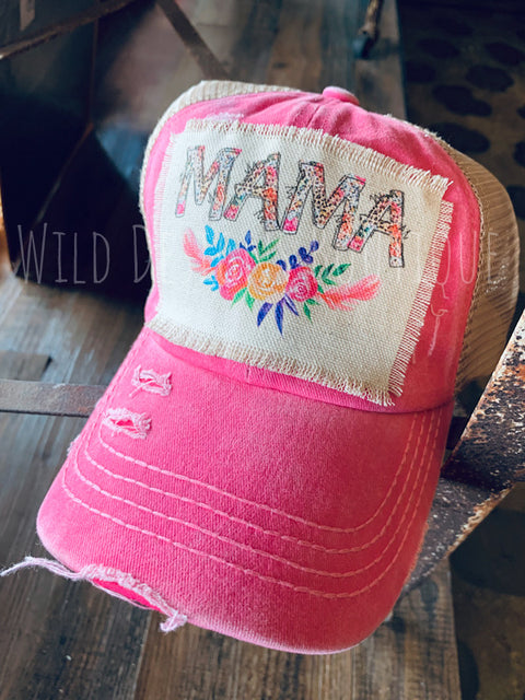 Floral MAMA Frayed Patch Pink/Beige Hat