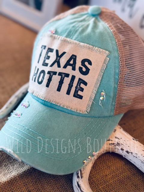 Blingy Texas Hottie Frayed Patch Mint/Beige Hat
