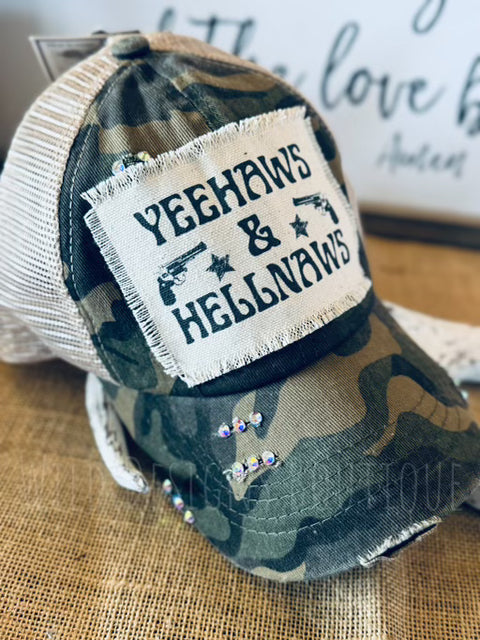 Blingy Yeehaws & Hellnaws Frayed Patch Camo Hat