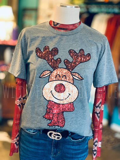 Faux Sequin Happy Reindeer Graphic Tee