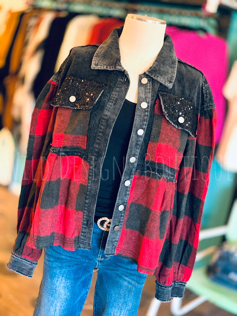 Layla Buffalo Plaid Cord Sequin Acid Wash Shacket