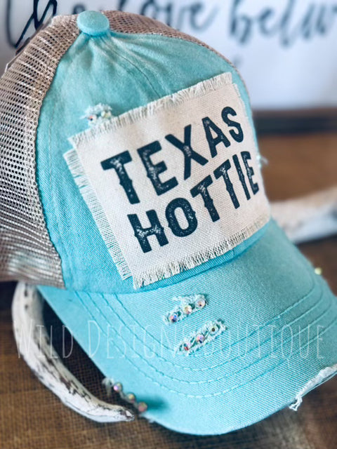 Blingy Texas Hottie Frayed Patch Mint/Beige Hat