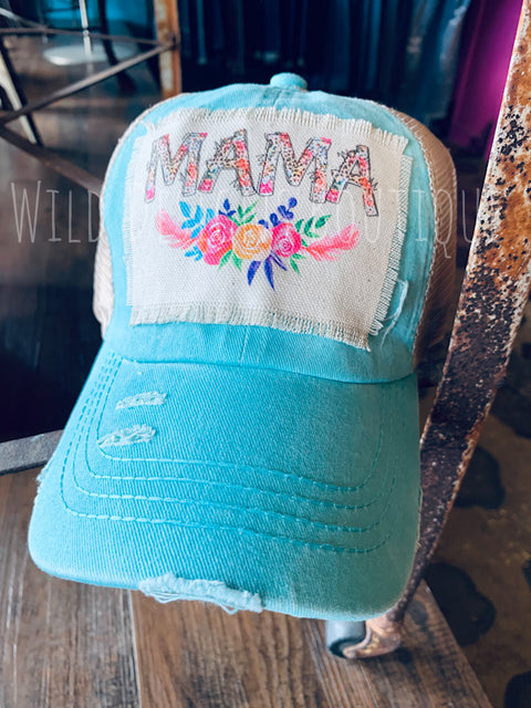 Floral MAMA Frayed Patch Mint/Beige Hat