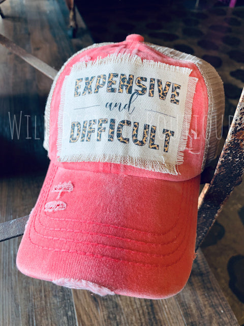Expensive & Difficult Leopard Frayed Patch Coral/Beige Hat