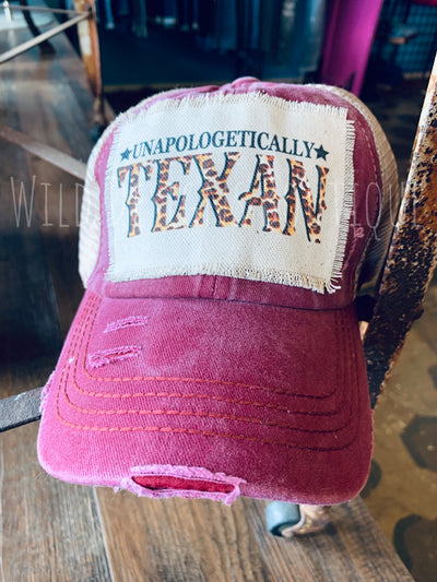 Unapologetically Texan Leopard Frayed Patch Berry/Beige Hat