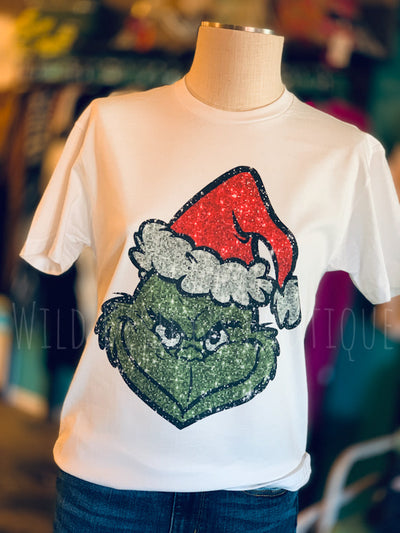 Faux Sequin Santa Hat Green Guy Graphic Tee