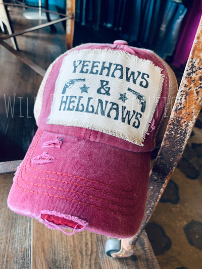 Yeehaws & Hellnaws Frayed Patch Berry/Beige Hat
