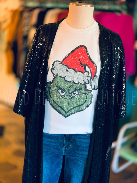 Faux Sequin Santa Hat Green Guy Graphic Tee