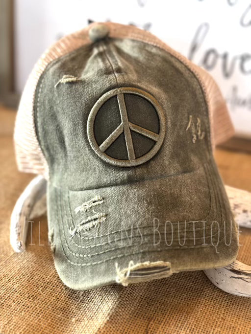 C.C. Peace Sign Criss Cross Hat Olive