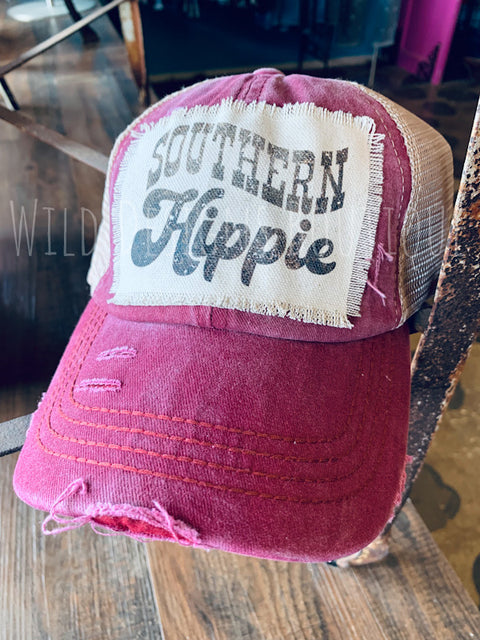 Southern Hippie Frayed Patch Berry/Beige Hat