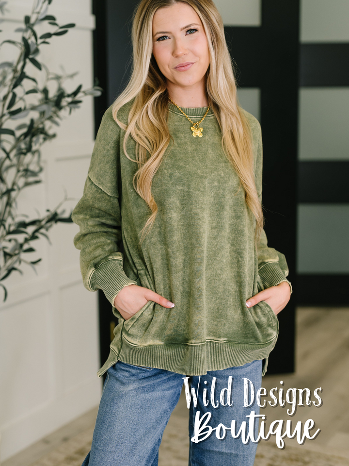 Safe and Secure Mineral Wash Pullover in Light Olive