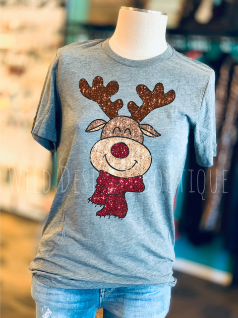 Faux Sequin Happy Reindeer Graphic Tee