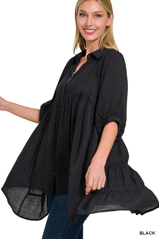 Maisie Tiered Button Down Tunic Black