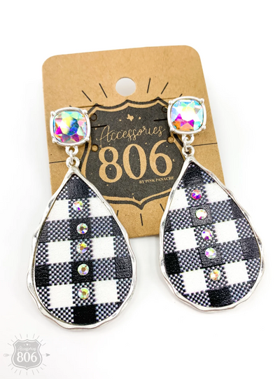 Teardrop AB Stud Earrings Buffalo Plaid White