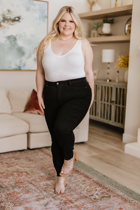 Tummy Control Black Shark Bite Hem Skinny Jeans 88551