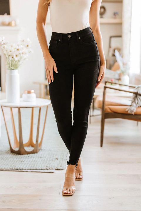 Tummy Control Black Shark Bite Hem Skinny Jeans 88551