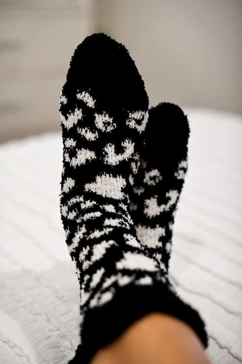 Ivanna Leopard Fleece Socks Black 40% OFF