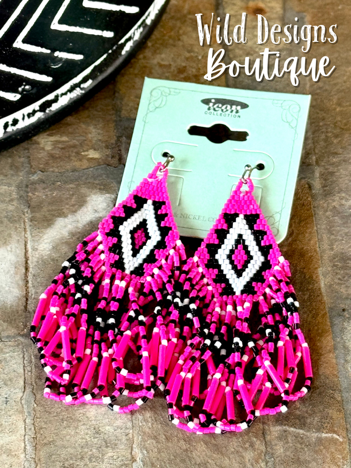 Lexi Aztec Beaded Fringe Earrings Pink
