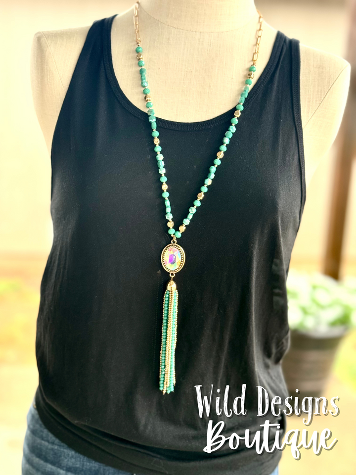Crash My Party Crystal Beaded Tassel Necklace Turquoise