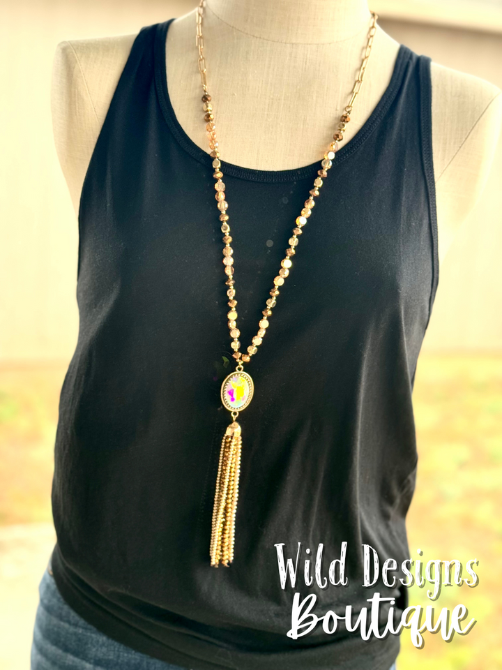 Crash My Party Crystal Beaded Tassel Necklace Brown