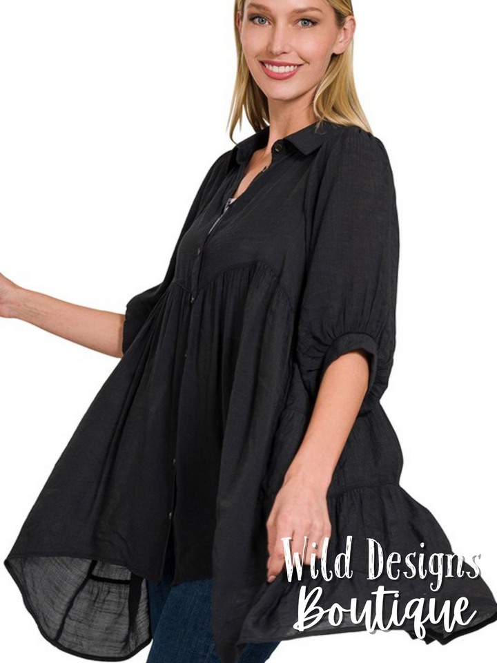 Maisie Tiered Button Down Tunic Black