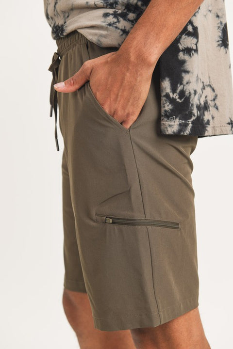 Zipper Pouch Drawstring Shorts Olive 40% OFF