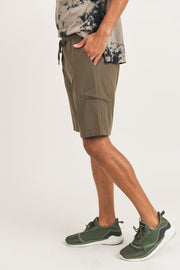 Zipper Pouch Drawstring Shorts Olive 40% OFF