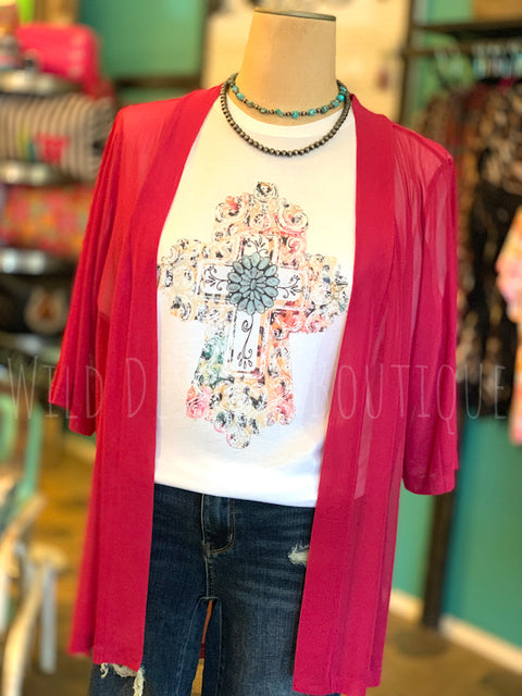 Pretty Cross Graphic Tee on mannequin with cover up